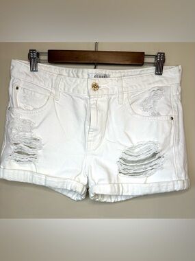 GUESS 90s Vintage White Denim Distressed Rolled-Hem Shorts 29”